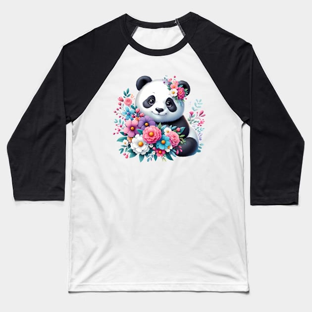 A panda decorated with beautiful colorful flowers. Baseball T-Shirt by CreativeSparkzz